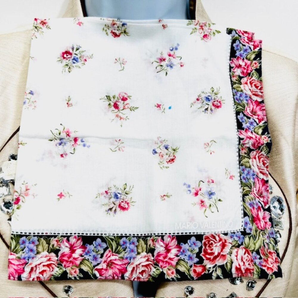 New Mario Valentino Mini Scarf/Handkerchief cotton 17.5". White Pink floral (74